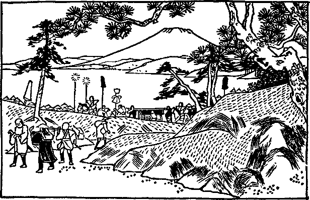 Illustration: Travelers walking with Mount Fuji in the background