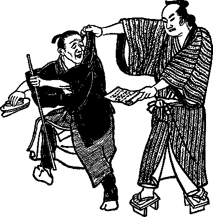 Illustration: Gihei grabbing Ryochiku with one hand and holding the letter with the other hand