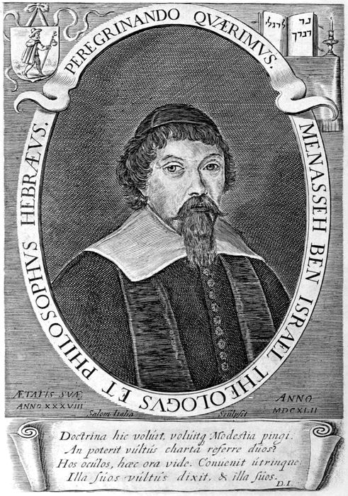  PEREGRINANDO QVÆRIMVS. MENASSEH BEN ISRAEL THEOLOGVS ET PHILOSOPHVS HEBRÆVS. ÆTATIS SVA ANNO XXXVIII ANNO MDCXLII Salom Doctrina hic volúit volúitg Modestia pingi.   An poterit vúltús charta referre dúos? Hos orúlos, hæc ora vide. Conucuit útrinque.   Illa fúos vúltús dixit, & illa fúos. D.I.