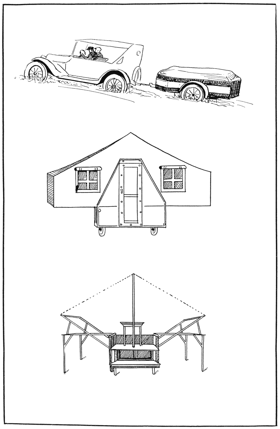 Three trailers. At the top is the Motorbungalow Jr. packed for the journey. In the middle is the Chenango with sides let down, giving a bungalow effect. The lowest picture is the Auto-Kamp, showing the framework ready for the tent top. The framework folds into a small space when the trailer is on tour.