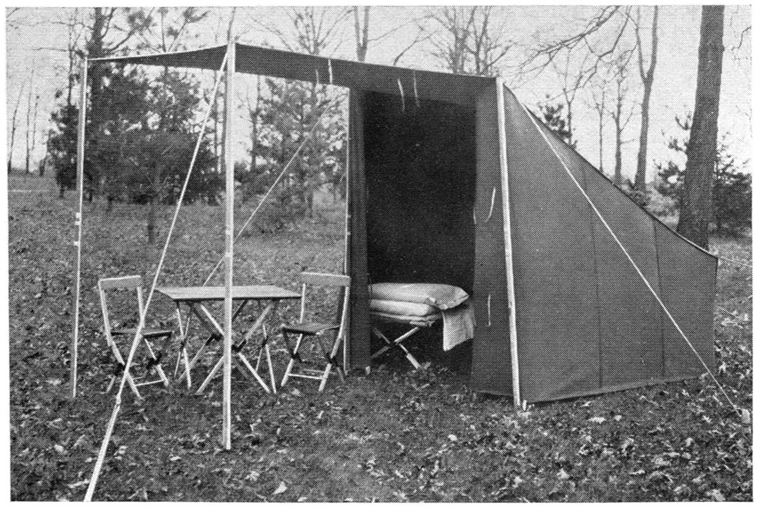 Hettrick tourist tent showing awning for use outside of sleeping hours or stormy weather