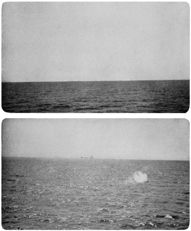 Two views of the ocean, with icebergs visible on the horizon