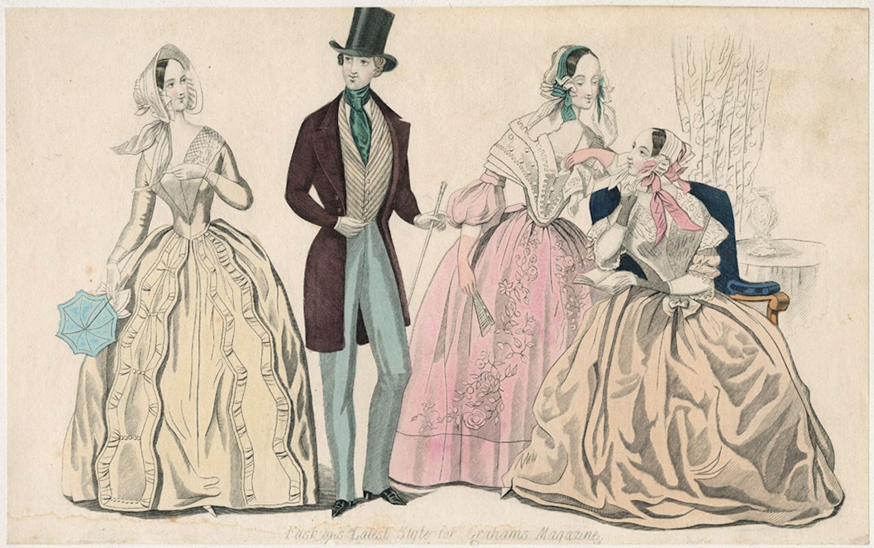 three ladies and a gentleman dressed in latest fashion