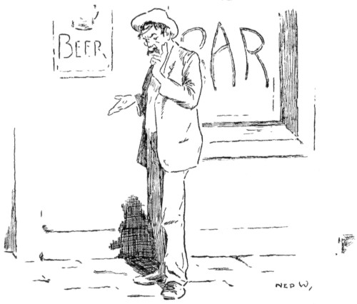 [Illustration: Man outside bar]