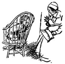 [Boy kneeling on chair scaring Nanny]