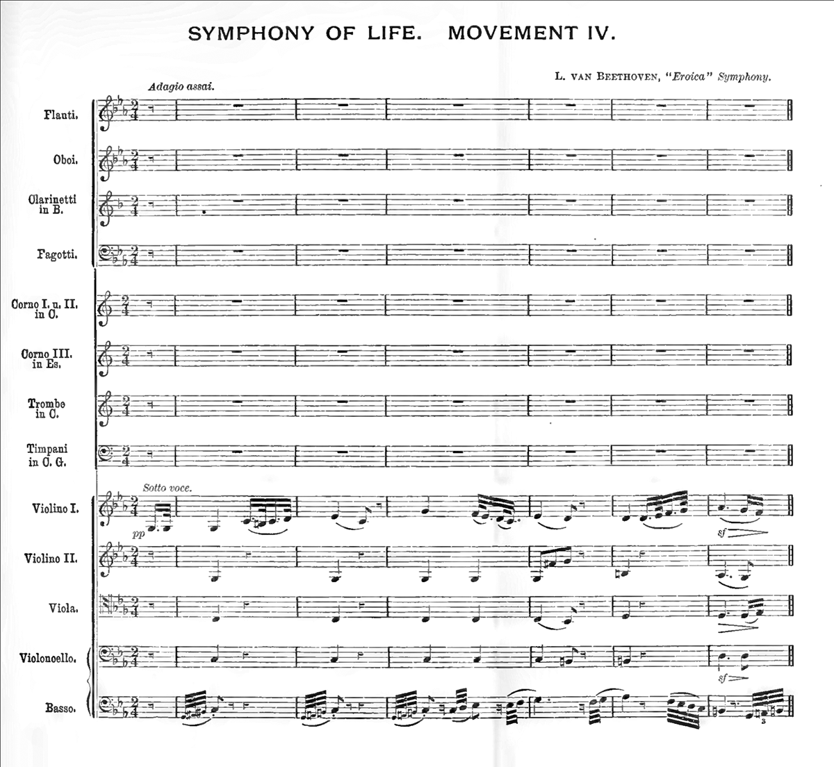 {Symphony of Life, Movement 1. The first page of the score of the fourth movement, Adagio assai, of Beethoven}