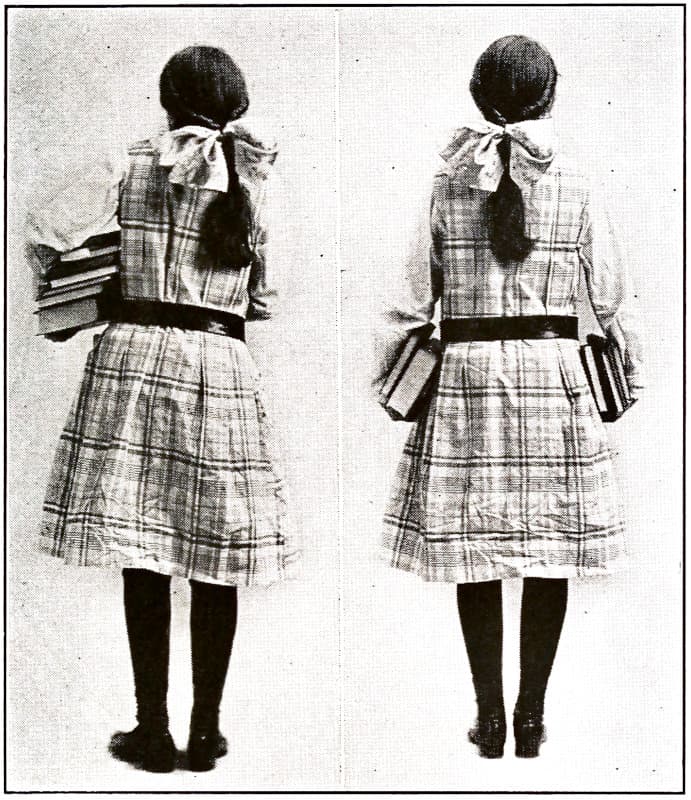 A girl holding incorrectly holding books contrasting with a girl holding books correctly