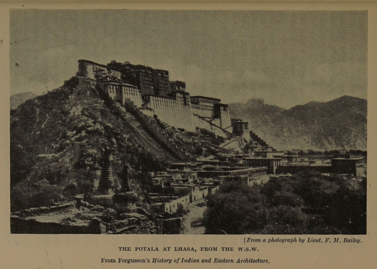 THE POTALA AT LHASA, FROM THE W.S.W. From Fergusson's <i>History of Indian and Eastern Architecture</i>. <i>From a photograph by Lieut. F. M. Bailey</i>.