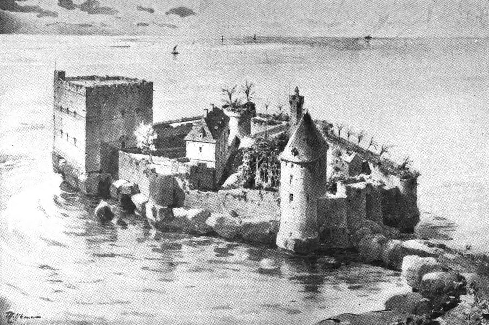 The architecture of fortress-like a structure on a coastal outcrop features medieval-style towers, fortified walls, and a large rectangular keep. The structure is surrounded by water, with rocks forming a natural barrier along the perimeter.