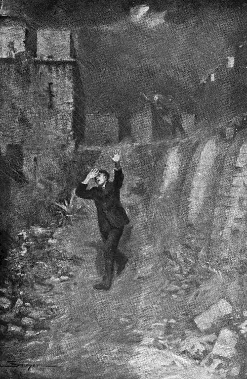 A dramatic scene set in a ruined area with crumbling stone walls and debris on the ground is depicted, where a man, dressed in dark clothing, is running forward with his arms raised, his face showing desperation or fear.