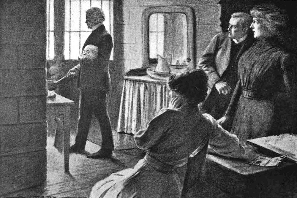 A tall man stands near a window holding a small object in one hand. A woman in a long dress looks intently at the man by the window, while a younger man leans forward slightly, seemingly intrigued. Another woman is seated, her hand resting on a table with scattered papers.