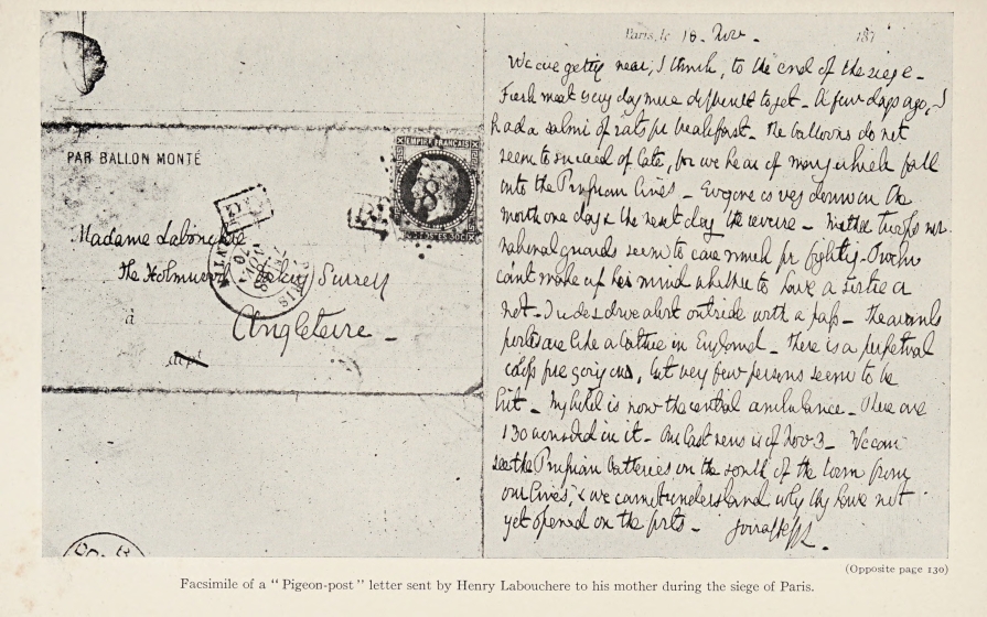 Facsimile of a "Pigeon-post" letter sent by Henry Labouchere to his mother during the siege of Paris.