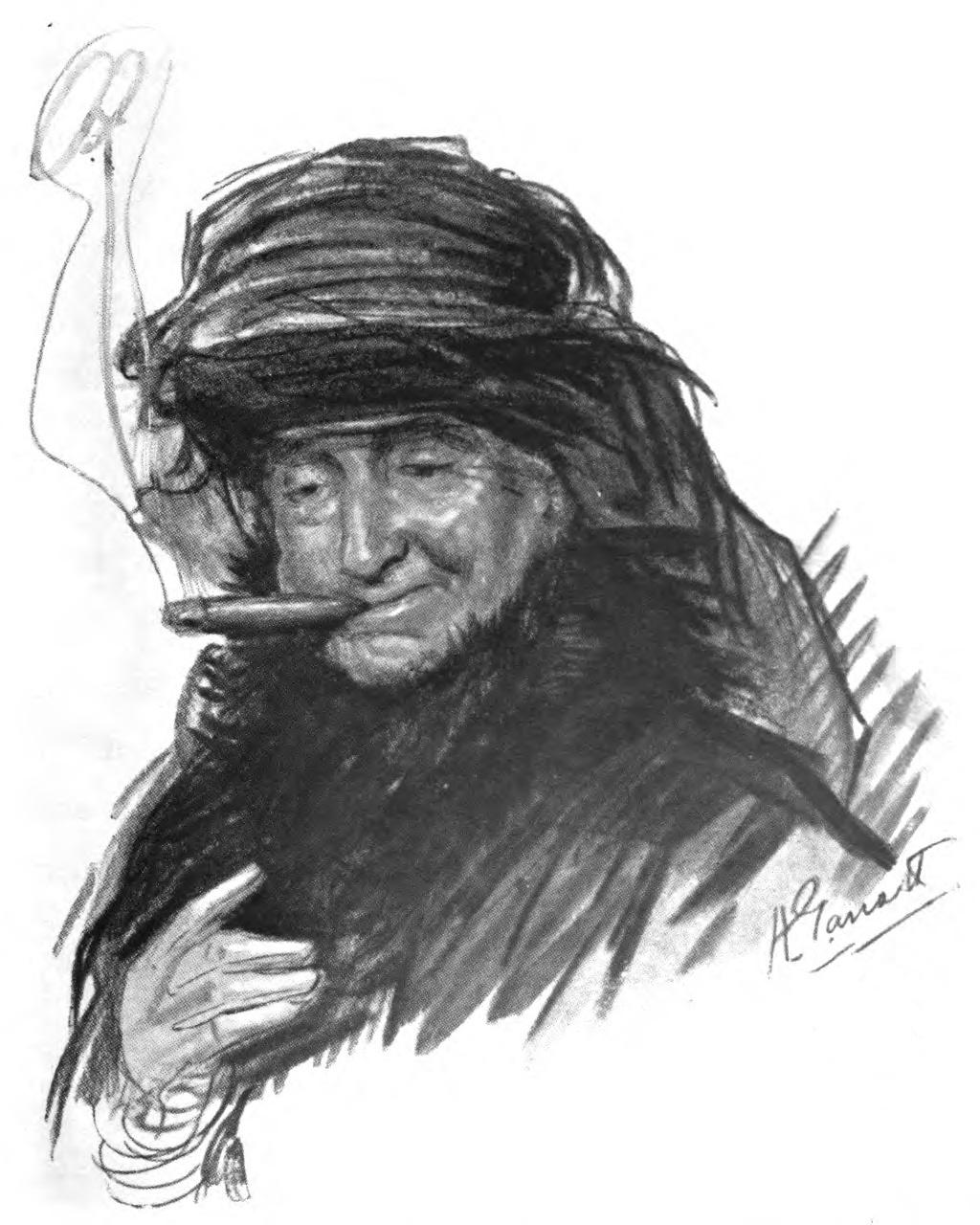 An older person wearing a       Victorian-era hat with a train, a black dress with a fur collar,       and white gloves, with a lit cigar in ‘her’ mouth.