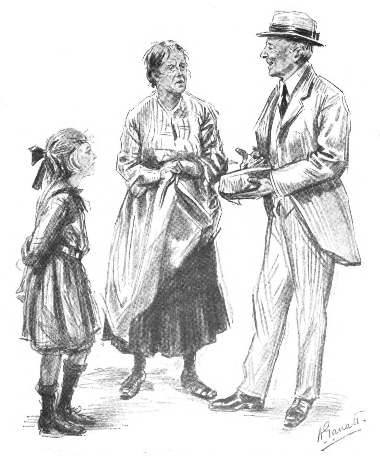 A smiling gentleman, smartly       dressed in a white summer suit with a hat and holding a       loaf-sized package wrapped in paper, talks to a taciturn       housewife as she wipes her hands on her apron. A young girl       stands nearby and watches them both.