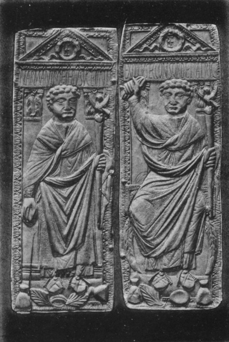 Diptych representing Narius Manlius Boethius, father of Anicius Manlius Severinus Boethius. The inscription in full would run thus:—NARIVS MANLIVS BOETHIVS VIR CLARISSIMVS ET INLVSTRIS EXPRAEFECTVS PRAETORIO PRAEFECTVS VRBIS ET COMES CONSVL ORDINARIVS ET PARTICIVS (For description vid. Preface, p. vi)