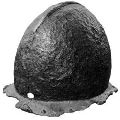 [Illustration: A heavy siege helmet found 4 miles downriver from Jamestown. Weighing over 8 pounds, it was one type used in Europe during the early years of the 17th century.]