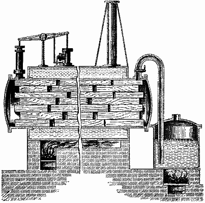 Impregnating wood with tar or other preserving material.