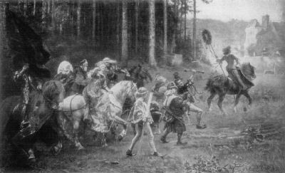 A painting showing a wedding party on horseback, with a group of musicians
on foot. They are travelling past the edge of a wood towards a castle in the distance.