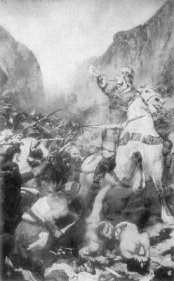 A painting showing Roland in the battle of Ronceval, riding his horse Brilliador
and raising a horn to his lips. Dead and wounded men lie at his feet, and the army
of Saracens are all around him.