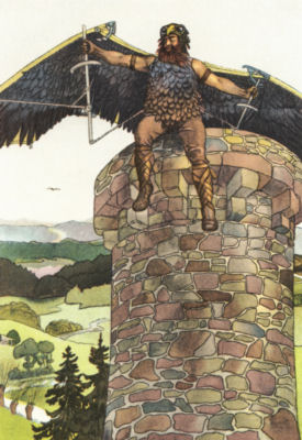 Wayland, wearing his feather shirt, wings outstretched, launches
himself from the top of a tower.