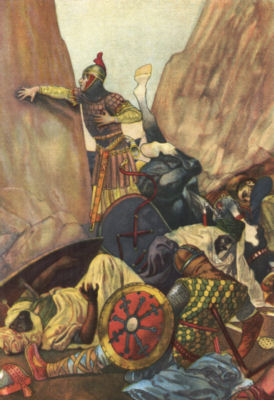 An armoured man, surrounded by the bodies of men and horses, leans
against a wall of rock clutching a wound in his chest.