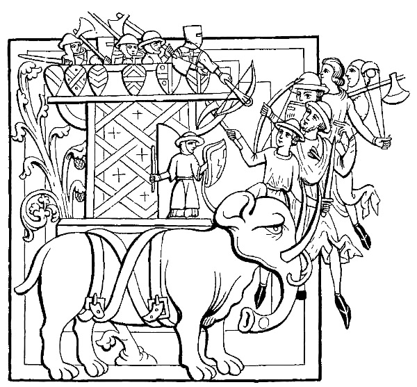 AN ELEPHANT, WITH ITS
CASTLE AND ARMED MEN, ENGAGED IN BATTLE.