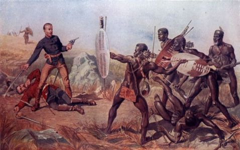 LIEUTENANTS MELVILL and COGHILL (24th REGIMENT) DYING TO SAVE THE QUEEN'S COLOURS.
An Incident at the Battle of Isandlwana.
Painting by C. E. Fripp.