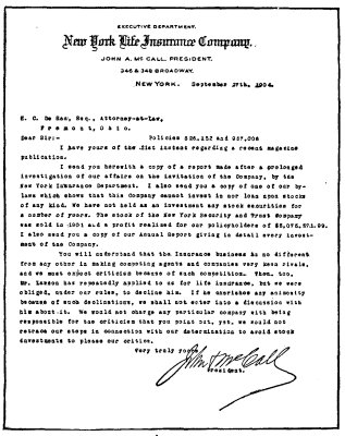 PHOTOGRAPH OF JOHN A. McCALL'S REPLY TO H. C. DeRAN, THE
POLICYHOLDER WHO HAD ASKED FOR A DENIAL OF MR. LAWSON'S CHARGES.