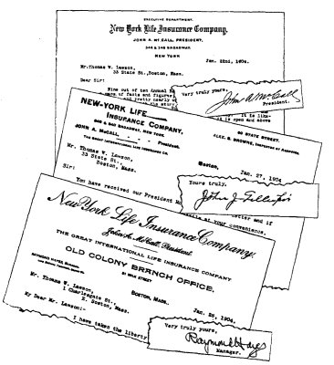 PHOTOGRAPH OF HEADING AND SIGNATURE OF JOHN A. McCALL'S
LETTER OF JANUARY 22d, SENT IN DUPLICATE TO MR. LAWSON'S OFFICE; OF
SPECIAL AGENT GILLESPIE'S LETTER OF JANUARY 27th; OF MANAGER HAYES'S
LETTER OF JANUARY 28th. THESE THREE LETTERS SOLICITING INSURANCE,
FOLLOWED EACH OTHER WITHIN A PERIOD OF SIX DAYS.