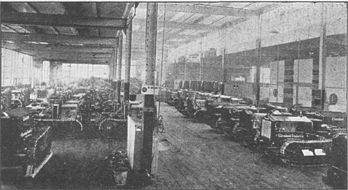 In the great automobile factory near Cleveland, Ohio, the old prairie schooner came into vivid contrast with the new means of following the trail.