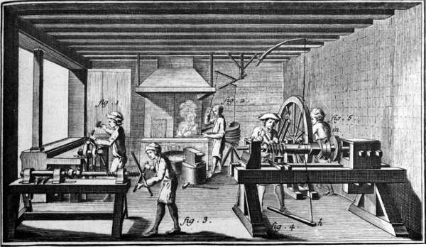 Figure 9.—Making screws in France in the third quarter
of the 18th century. From L’Encyclopédie, ou dictionnaire raisonné des
sciences, des arts et des métiers ... receuil de planches sur les
sciences, les arts libéraux, et les arts méchaniques, avec leur
explication (Paris: 1762-1772), vol. 9, plate 1.