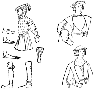 Three men of the time of Henry VIII. (torso only); three
types of shoe; two types of boot; a cod-piece