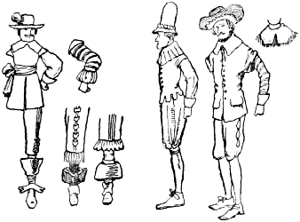 Three men of the time of the Cromwells; a type of sleeve;
two types of breeches and boot; a type of collar