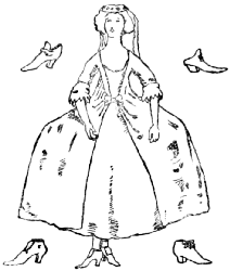 A woman of the time of George II.; four types of shoe