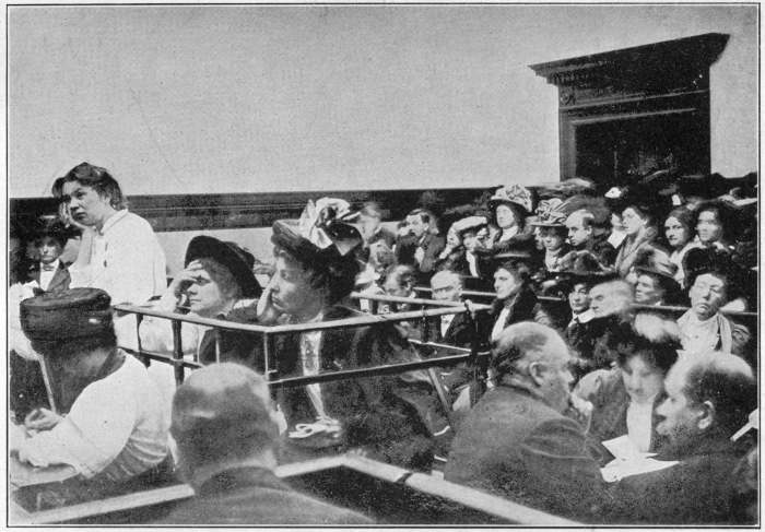 CHRISTABEL, MRS. DRUMMOND AND MRS. PANKHURST IN THE DOCK,
FIRST CONSPIRACY TRIAL October, 1908