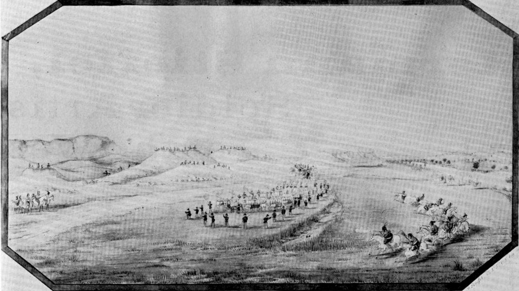 Figure 2.—Attack on General Marcy's train near Pawnee Fort, Kansas, September 23, 1867. The train
was escorted by Company K, 5th U.S. Infantry, Brevet Major D. H. Brotherton commanding. (USNM
384185; Smithsonian photo 38986-A.)