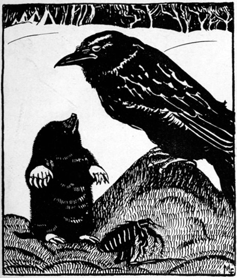 THEN RAVEN ASKED THE MOLE TO TRY, BUT MOLE SAID, "OH,
NO, I AM BETTER FITTED FOR OTHER WORK,—MY FUR WOULD ALL BE SINGED"