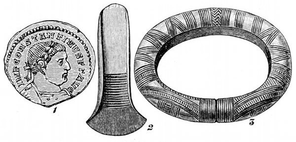 Fig. 82.

British relics.

1, A coin of the age of Constantine. 2, Bronze weapon from a Suffolk
barrow. 3, Bronze bracelet from Liss in Hampshire.