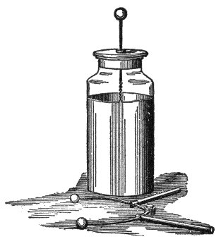 Lower 2/3rds of bottle is externally
sheathed in metal. Metal rod enters through cork at bottle mouth.