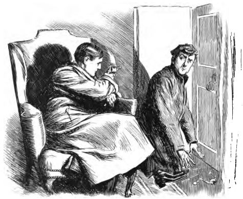 man in chair pointing gun at man in doorway