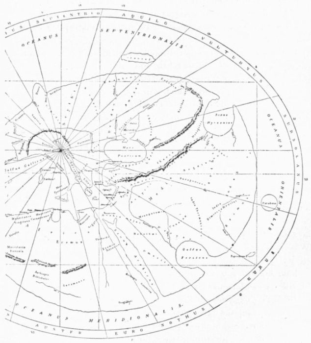 PRE-COLUMBIAN MAPPEMONDE, PRESERVED AT RAVENNA, RESTORED BY GRAVIER
    AFTER D'AVEZAC IN BULLETIN DE LA SOCIÉTÉ NORMANDE, 1888.