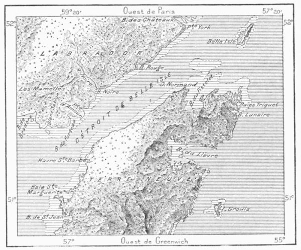 STRAITS OF BELLE ISLE, SHOWING SITE OF EARLY NORMAN FISHING
    STATION AT BRADORE.