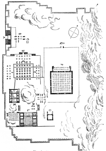 Fig. 78.—Plan of Persepolis.

A. Grand Stairway. B. Propylæa of Xerxes. C. Cisterns. D, E,
F, G. Great Hall of Xerxes. H. Portal between the Palaces and
Harem. K. Palace of Darius. L, M, N. Palace of Xerxes. O.
Unrecognized Ruins. P. Harem. Q. Portal to the Court of the Harem.