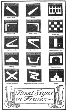 Descente rapide. Montée. Passage à niveau.
Virage à droite. Virage à gauche. Mauvais pavé.
Virage avec montée. Virage avec descente. Rails en saillie sur route.
Dos d’âne. Caniveau. Passage en dessous.
Croisement dangereux. Descente sinueuse avec mauvais virages. Village.
Road Signs
in France