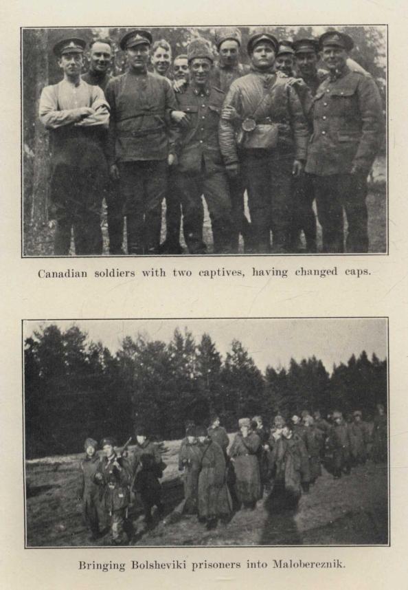 Canadian soldiers with two captives, having changed caps. Bringing Bolsheviki prisoners into Malobereznik.