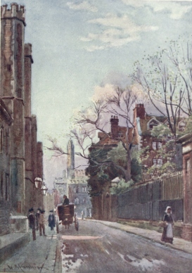 QUEENS’ LANE—THE SITE OF THE OLD MILL STREET

The Towers of Queens’ College Gateway are seen on the left, through the
trees on the right is St. Catherine’s College, and in the distance a
portion of King’s College.