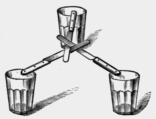 three
knives balanced on three glasses