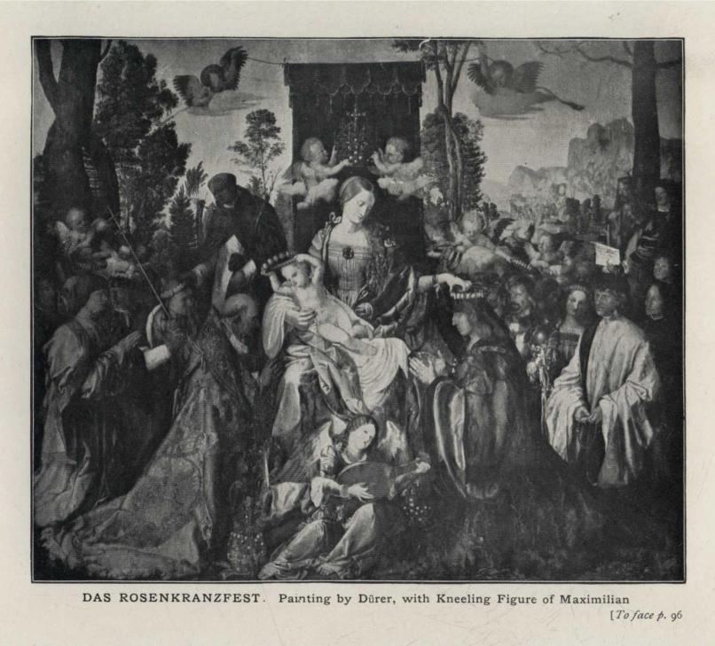 DAS ROSENKRANZFEST.  Painting by Dürer, with Kneeling Figure of Maximilian