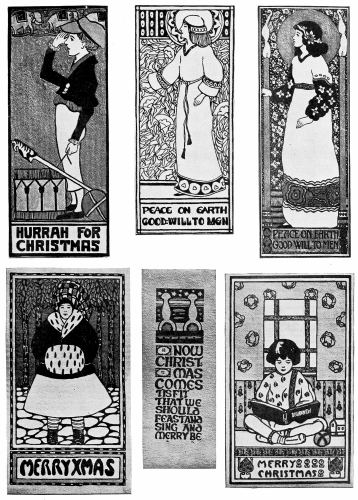 Plate 10

Cards using figures of the poster type. In these the accent has been
placed on the decorative design quality. If properly done, such a
problem gives the student fine training in spacing, balance and rhythm,
and results in a highly artistic card.