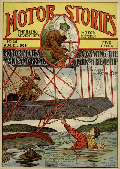 "Catch the rope and hold fast!"
cried Motor Matt, as the aeroplane
skimmed over the surface
of the river.